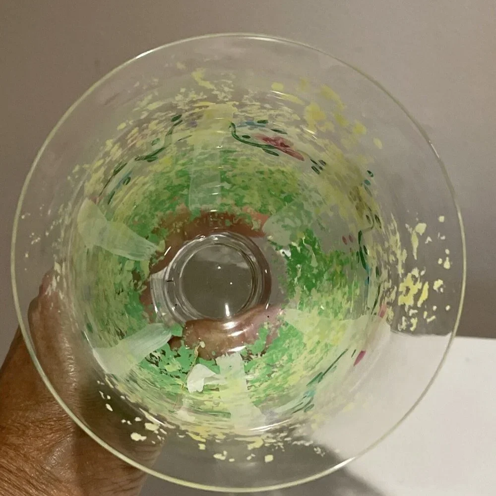 Art Glass Stemmed Goblets Wine or Water Glasses Hand Painted Flowers Signed 